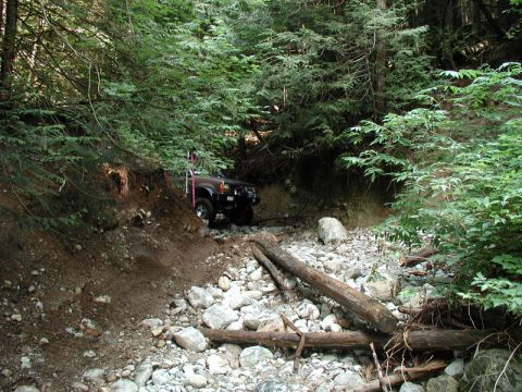 1985 Ford Bronco - A dark brown SUV is navigating a rocky, wooded path with fallen logs and dense foliage. The vehicle is positioned on a dirt embankment to t…