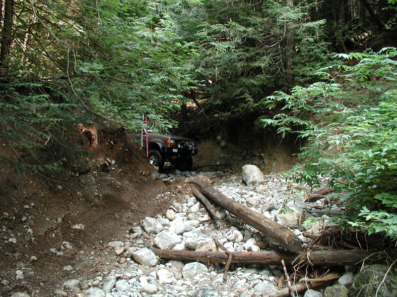 Dark brown SUV driving on a rocky, wooded trail.