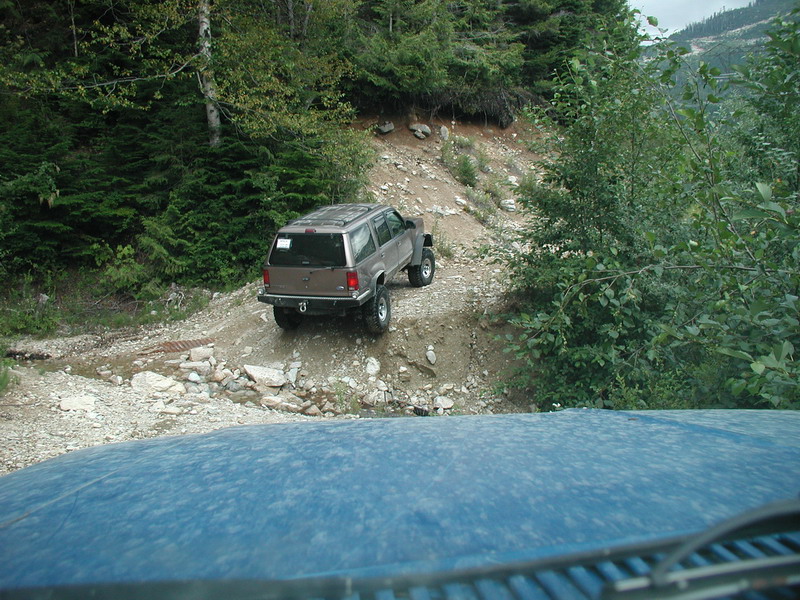Brown SUV driving up a rocky trail in a forest.