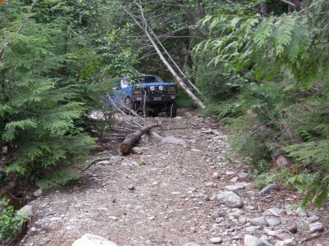 1985 Ford Bronco - A blue 1980s era 4x4 truck is parked on a rocky, overgrown trail surrounded by dense forest. The truck is facing forward, partially obscure…