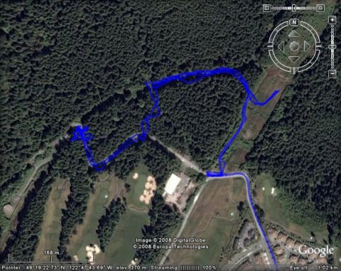 1985 Ford Bronco - This is a satellite image showing a blue line tracing a path through a forested area and a golf course. The image is a screenshot from Goog…