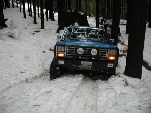 1985 Ford Bronco - A blue 1980s Ford Bronco is parked on a snowy trail in a forest. The vehicle has aftermarket IPF lights mounted on the front bumper and gri…