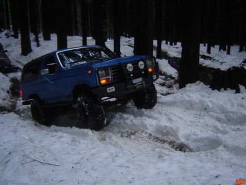 1985 Ford Bronco - A blue 1980s Ford Bronco is shown driving through a snowy forest, with its front tires digging into the snow on a slope. The vehicle has af…