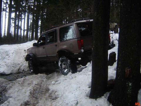 1985 Ford Bronco - A brown SUV is driving through a snowy forest, navigating a rutted track. The vehicle is angled towards the left, with its rear partially v…