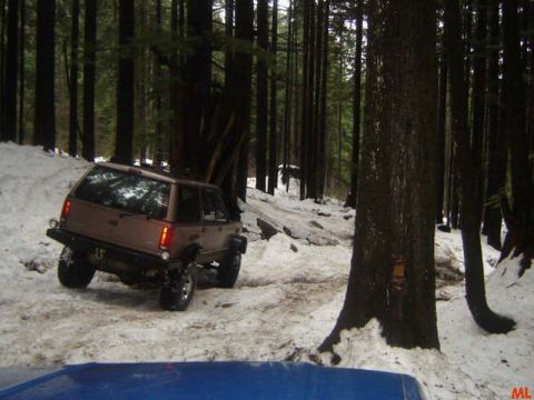 1985 Ford Bronco - A brown SUV drives on a snowy, wooded trail. The vehicle is viewed from the rear-left quarter angle.