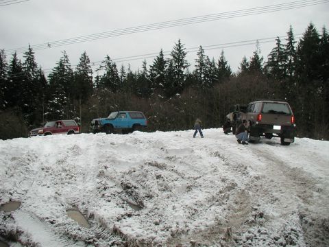 1985 Ford Bronco - Several SUVs are parked on a snow-covered dirt road with a line of pine trees in the background. One blue SUV is prominently displayed in t…