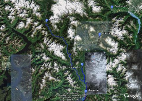 1985 Ford Bronco - This is a satellite image showing a route marked in blue through a mountainous, snow-covered region. Several locations are labeled, includi…