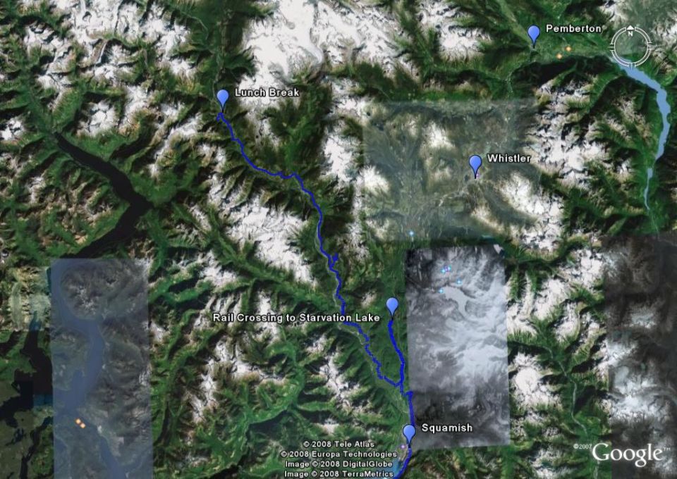 Satellite map showing a blue route through mountains with labeled locations like Pemberton, Whistler, and Squamish.