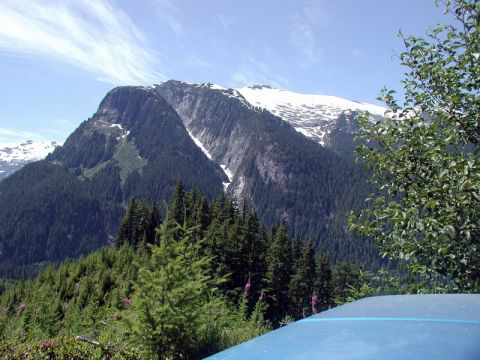 Mountain range with snow and trees, with a blue surface in the foreground.