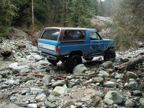 Blue 1980s Ford Bronco driving over rocks in a stream bed with trees.