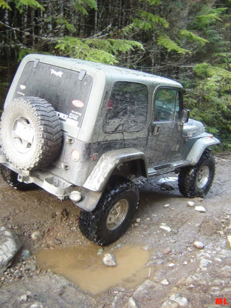 Muddy dark gray Jeep Wrangler on a rocky trail with trees.
