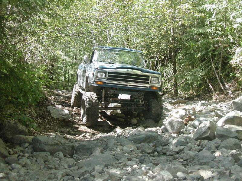 Dark blue Jeep pickup truck with large tires on a rocky, wooded trail.