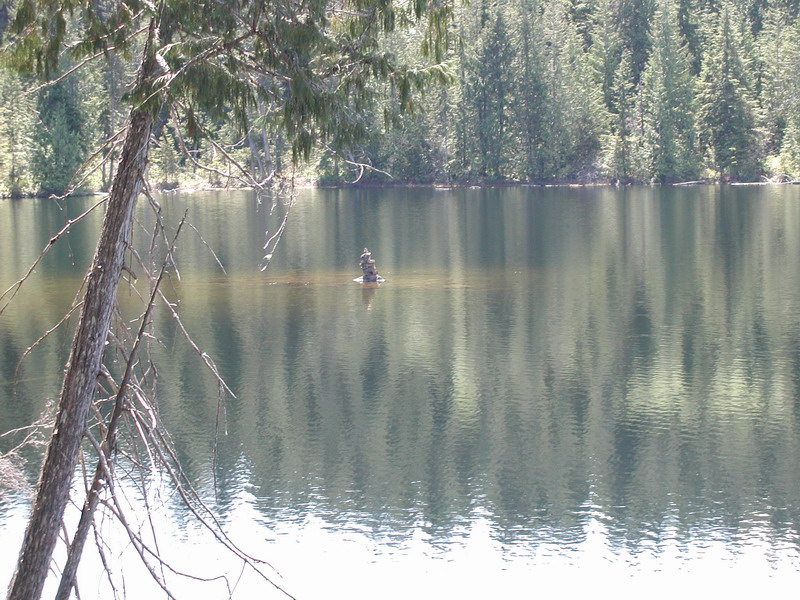 Stack of stones in a lake with forest reflection and a bare tree branch.