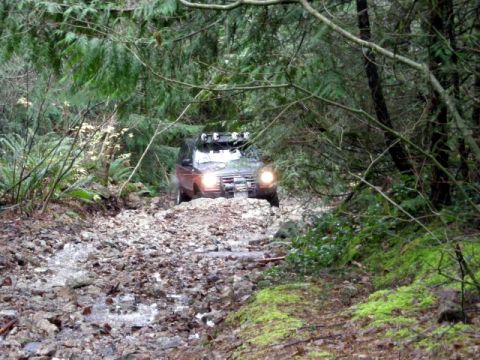 Dark SUV with roof lights driving on a rocky forest trail.