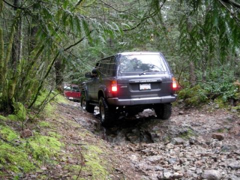 Dark gray Toyota Land Cruiser driving on a rocky, wooded trail.