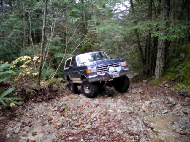 Dark blue Ford Bronco off-roading on a rocky, wooded trail.