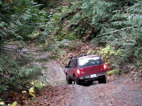 Red SUV driving on a muddy forest road.