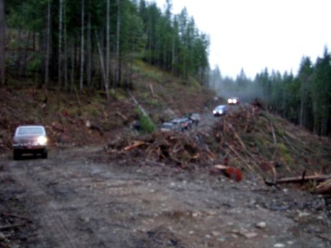 Dark SUV on a muddy road in a deforested area.