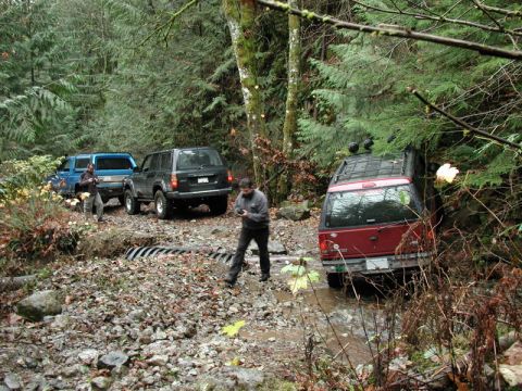 Three SUVs on a muddy, wooded trail, one red SUV stuck in water.