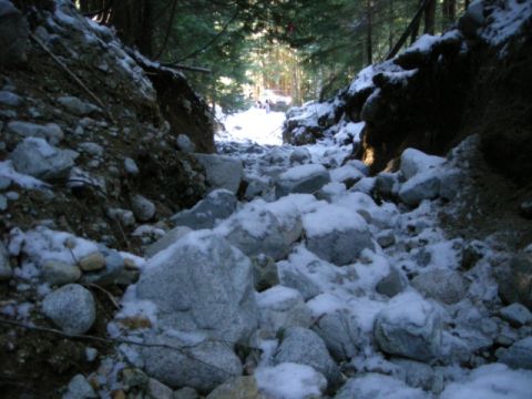 1985 Ford Bronco - A rocky, snow-covered path winds through a forest with sunlight filtering through the trees in the distance.