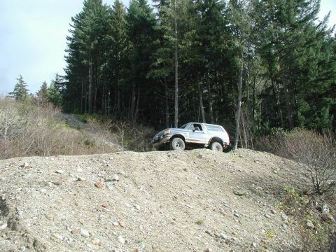 1985 Ford Bronco - A silver Ford Bronco is parked on a gravelly hill with a dense forest in the background. The vehicle is viewed from the side, angled slight…