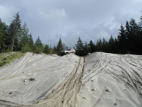 1985 Ford Bronco - A light-colored SUV drives up a sandy hill with tire tracks visible on the terrain. Evergreen trees line the background under a cloudy sky.