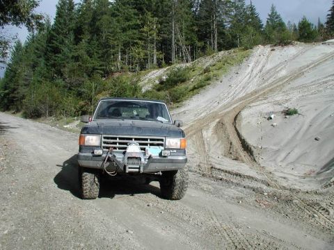 1985 Ford Bronco - A dark blue Ford Bronco is parked on a gravel road next to a sandy hill with tire tracks. The Bronco is equipped with a winch mounted on th…
