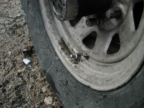 1985 Ford Bronco - A close-up view of a flat tire on a vehicle's wheel. The tire is partially deflated, and the metal rim shows signs of wear and dirt.