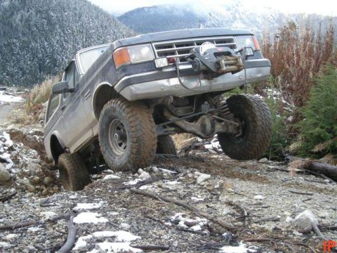 1985 Ford Bronco - A dark-colored Ford Bronco is shown from a low angle, navigating a rocky, off-road trail with snow on the surrounding hillsides. The vehicl…