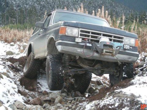 1985 Ford Bronco - A dark colored Ford Bronco is shown from a low angle, driving through a snowy, rocky terrain with trees in the background. The vehicle is e…