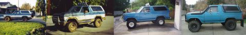 Collage of four blue Ford Broncos, two-tone and solid colors, with off-road modifications.