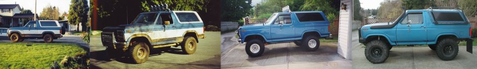 Collage of four blue Ford Broncos, two-tone and solid colors, with off-road modifications.
