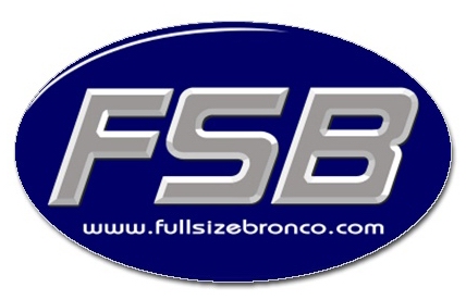 1990 Ford F-250 - The image shows a dark blue oval logo with the letters "FSB" in a metallic silver font. Below the letters, the text "www.fullsizebronco.com…
