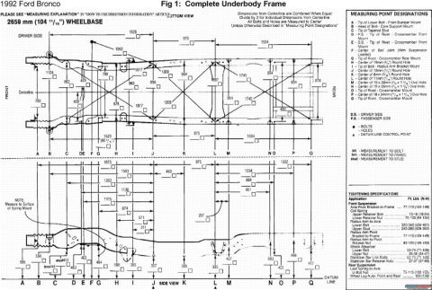 1990 Ford F-250 - This is a diagram of the complete underbody frame for a 1992 Ford Bronco, showing detailed measurements and specifications. The diagram inc…