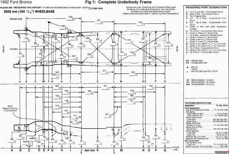 1992 Ford Bronco complete underbody frame dimensions, top and side views with measuring points