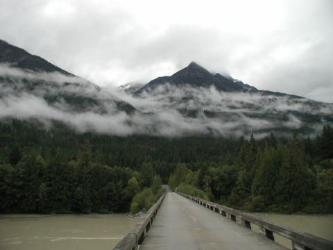 1990 Ford F-250 - Looking West along the Tenas Lake Bridge, with Gunsight Peak in the background.