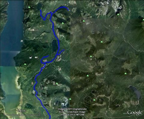 1990 Ford F-250 - GPS track; Google Earth on the left, Google Earth with a Backroad Mapbooks overlay on the right.