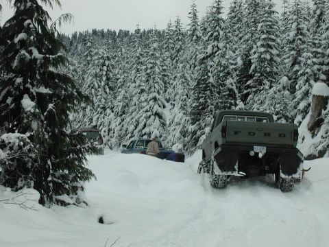 1990 Ford F-250 - A green Ford F-250 pickup truck with large tires is parked in deep snow, surrounded by snow-covered pine trees. Another vehicle is partiall…