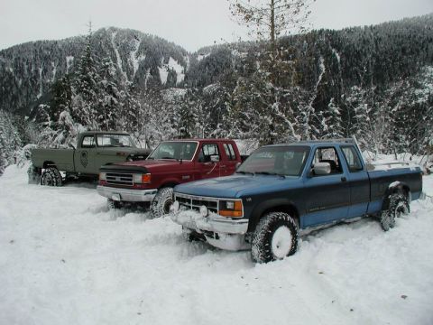 1990 Ford F-250 - Three pickup trucks are parked in the snow with a forested, snow-covered mountain range in the background. The truck in the foreground is a…
