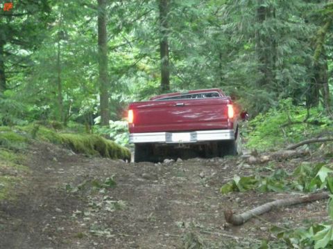 1990 Ford F-250 - The rear of a red Ford F-250 pickup truck is shown driving on a dirt path through a forest. The truck is navigating an incline with fallen…