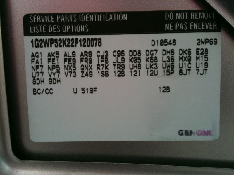 2002 Pontiac Grand Prix GM service parts identification label with VIN and RPO codes