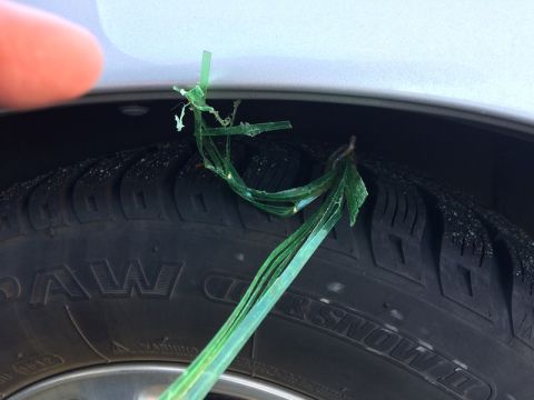 2002 Pontiac Grand Prix - A close-up view of a car tire with a green plastic strap stuck in the tread. The strap appears to be broken and frayed, with pieces hanging…