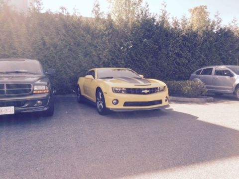 2002 Pontiac Grand Prix - A yellow Chevrolet Camaro with black racing stripes is parked in a lot next to a dark-colored pickup truck. A silver SUV is parked behind t…
