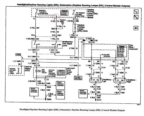 2002 Pontiac Grand Prix - Schematic of the DRL module outputs; the red cirlce shows the wire that needs to be removed.