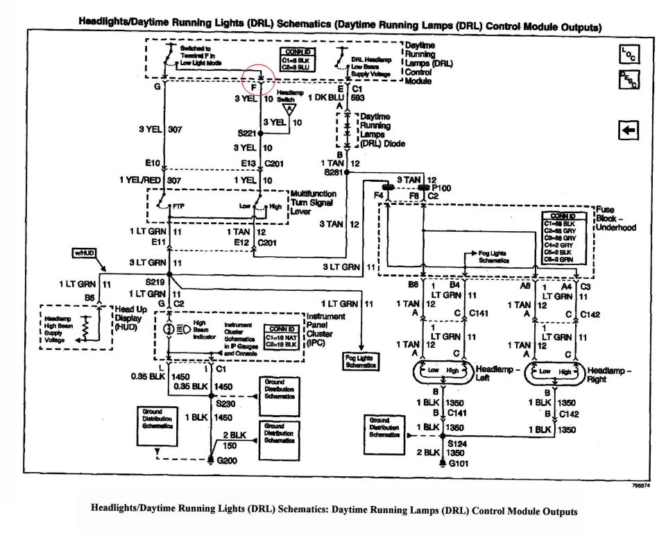 Schematic of the DRL module outputs; the red cirlce shows the wire that needs to be removed.
