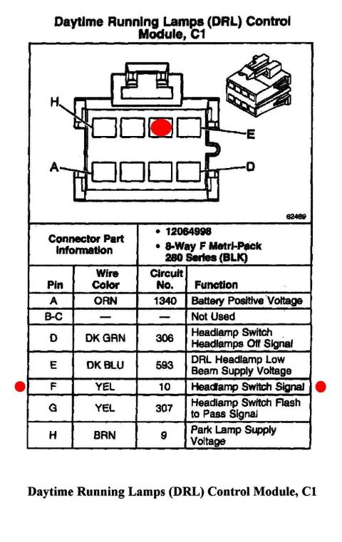 2002 Pontiac Grand Prix - DRL module pin locations; the red dot in the plug shows the wire that needs to be removed.