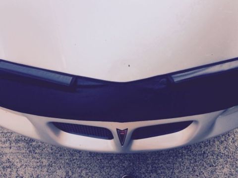 2002 Pontiac Grand Prix - The front grille and hood of a white Pontiac Grand Prix are shown. A dark colored car bra covers the front bumper.