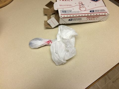 2002 Pontiac Grand Prix - A white plastic bag is tied with red string, containing a dark object, possibly a utensil, and lies on a beige countertop next to a "Priori…