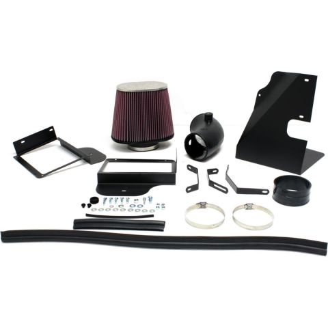 2002 Pontiac Grand Prix - A black cold air intake kit is laid out against a white background. The kit includes a red cone air filter, black intake tube, heat shield,…