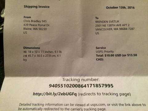 2002 Pontiac Grand Prix - This is a shipping invoice with details about a package being sent from Chris Bradley to Brenden Svetlik. The invoice includes dimensions,…